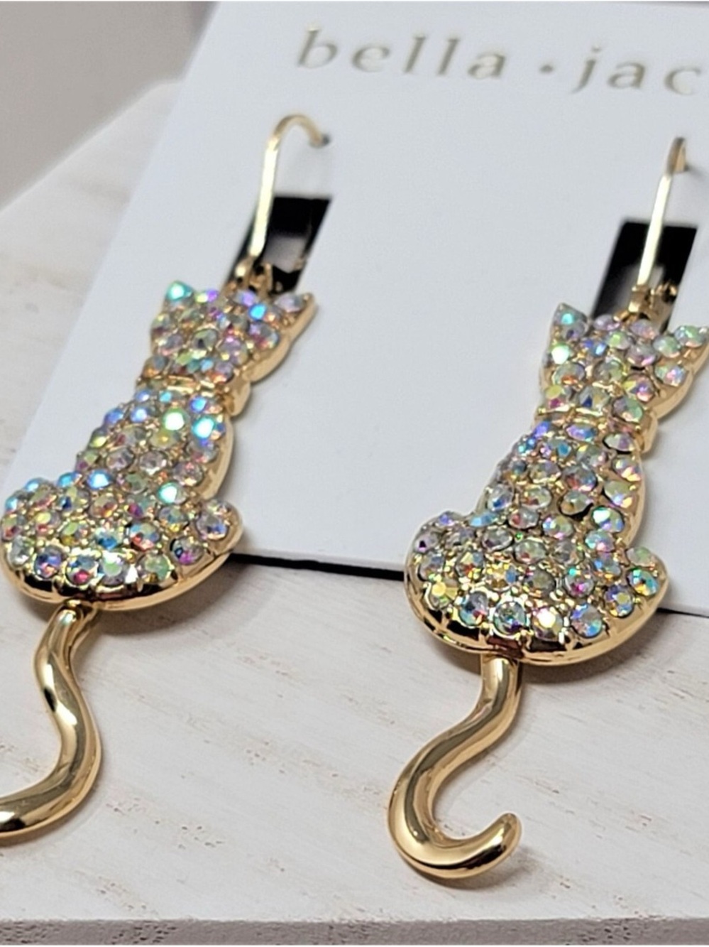 bella jackson Gold Cat Drop Earrings with Aurora Crystal Pavé